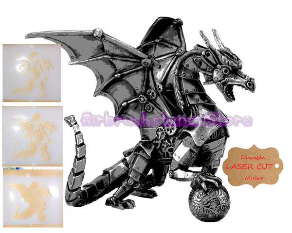 Three layer Steampunk Dragon Airbrush art stencil set Mylar ships worldwide.