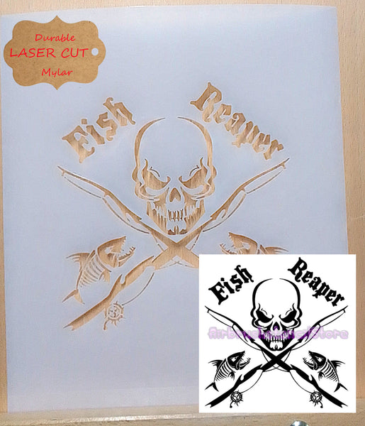 Fish Reaper Airbrush art stencil available in 3 sizes Mylar ships worldwide.