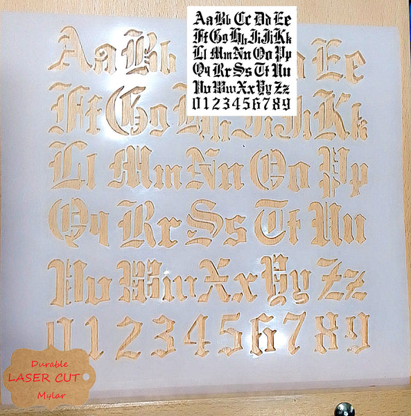 Gothic Alphabet and numbers Airbrush art stencil clear Mylar ships worldwide.