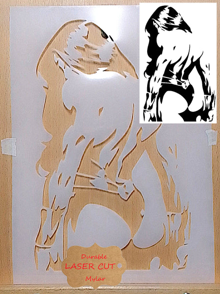 Warrior woman Airbrush art stencil available in 3 sizes Mylar ships worldwide.