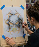 Biohazard Skull Airbrush art stencil available in 7 sizes Mylar ships worldwide.