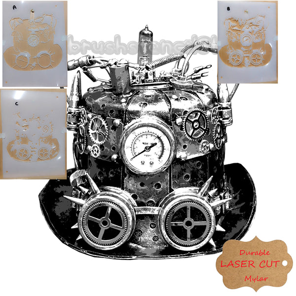 Three layer Steampunk Hat Airbrush art stencil set clear Mylar ships worldwide.